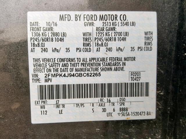 2FMPK4J94GBC62265 - 2016 FORD EDGE SEL GRAY photo 10