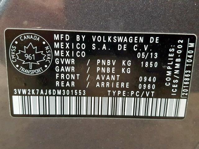 3VW2K7AJ6DM301553 - 2013 VOLKSWAGEN JETTA BASE GRAY photo 10