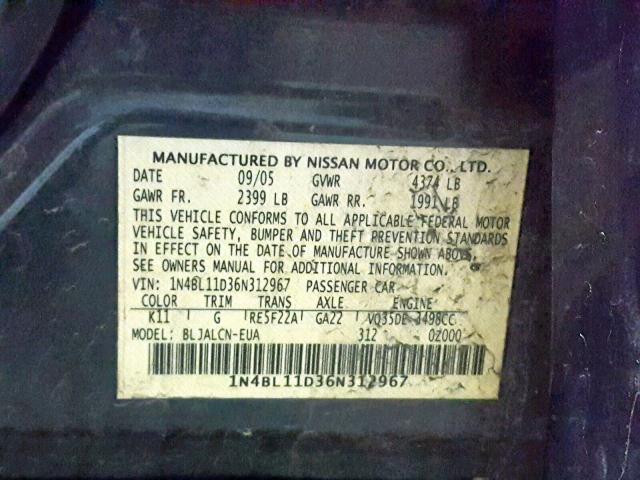 1N4BL11D36N312967 - 2006 NISSAN ALTIMA SE GRAY photo 10