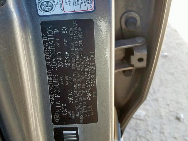 KNAFU4A2XA5881684 - 2010 KIA FORTE EX GRAY photo 10