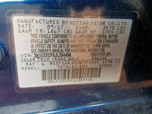 3N1CE2CPXJL354456 - 2018 NISSAN VERSA NOTE BLUE photo 10