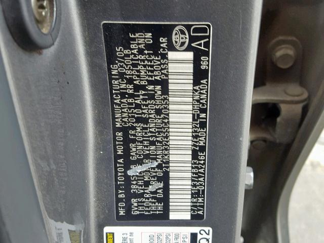 2T1KR32E55C470353 - 2005 TOYOTA COROLLA/MA GRAY photo 10