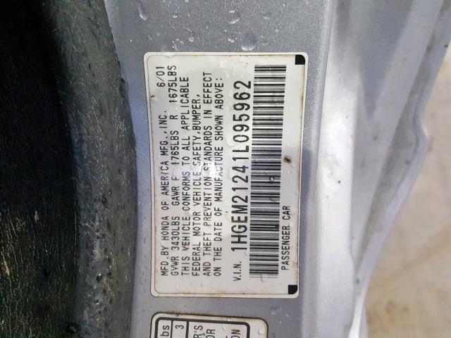 1HGEM21241L095962 - 2001 HONDA CIVIC DX GRAY photo 10