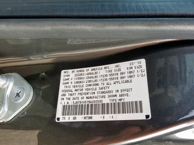 5J8TB1H57BA000590 - 2011 ACURA RDX TECHNO GRAY photo 10