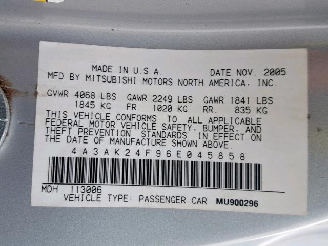 4A3AK24F96E045858 - 2006 MITSUBISHI ECLIPSE GS SILVER photo 10