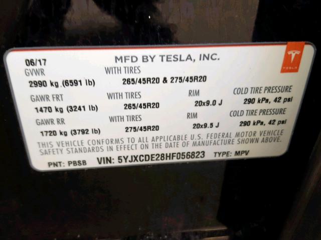 5YJXCDE28HF056823 - 2017 TESLA MODEL X BLACK photo 10