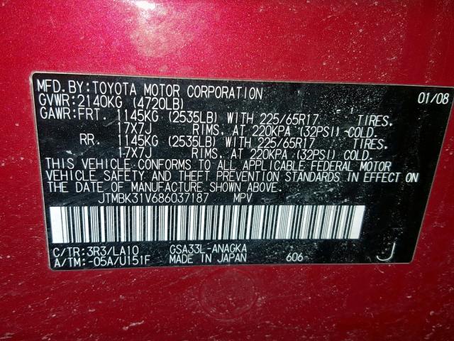 JTMBK31V686037187 - 2008 TOYOTA RAV4 LIMIT RED photo 10