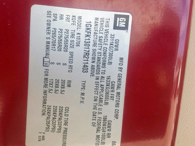 1GKFK13017R211403 - 2007 GMC YUKON MAROON photo 10