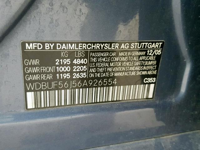 WDBUF56J56A926554 - 2006 MERCEDES-BENZ E 350 BLUE photo 10