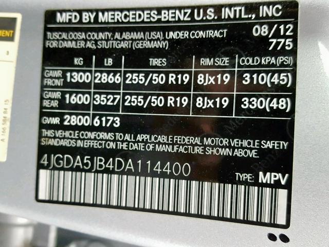 4JGDA5JB4DA114400 - 2013 MERCEDES-BENZ ML 350 SILVER photo 10