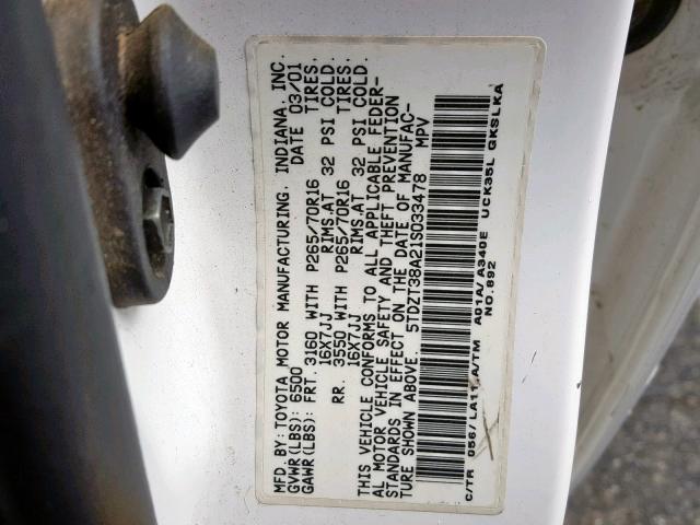 5TDZT38A21S033478 - 2001 TOYOTA SEQUOIA LI WHITE photo 10