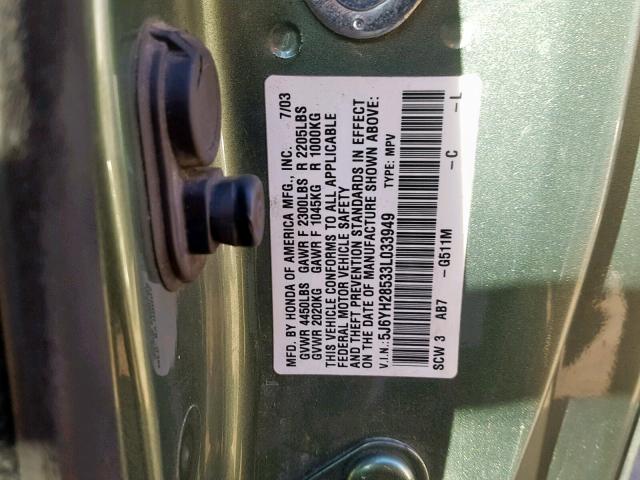 5J6YH28533L033949 - 2003 HONDA ELEMENT EX GREEN photo 10