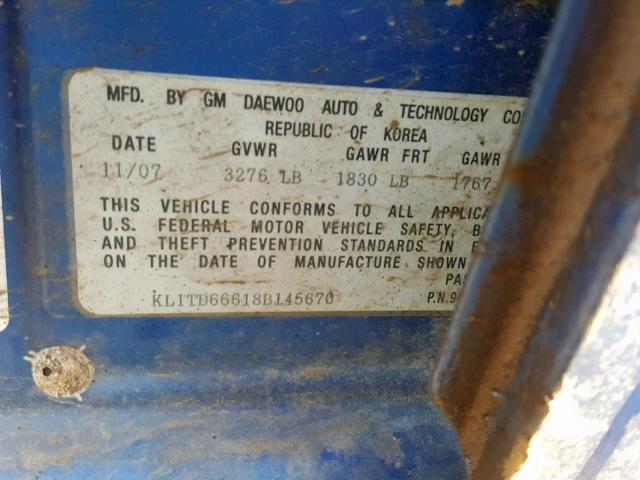 KL1TD66618B145670 - 2008 CHEVROLET AVEO BASE ლურჯი ფოტო 10