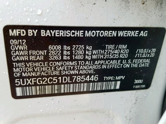 5UXFG2C51DL785446 - 2013 BMW X6 XDRIVE3 WHITE photo 10