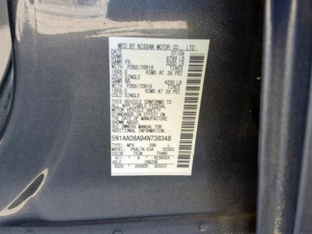 5N1AA08A94N738348 - 2004 NISSAN ARMADA SE GRAY photo 10