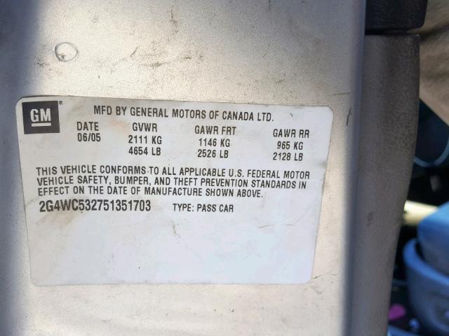 2G4WC532751351703 - 2005 BUICK LACROSSE C SILVER photo 10