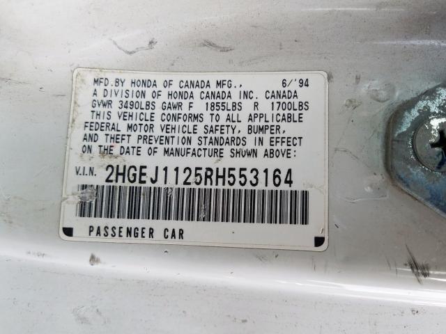 2HGEJ1125RH553164 - 1994 HONDA CIVIC EX  photo 10