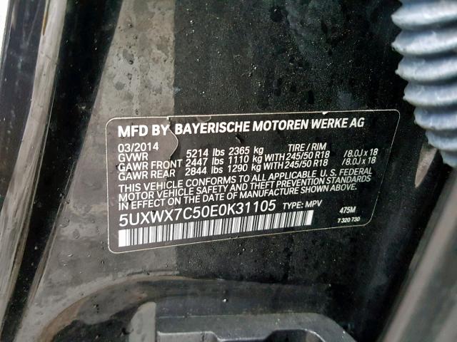 5UXWX7C50E0K31105 - 2014 BMW X3 XDRIVE3 BLACK photo 10