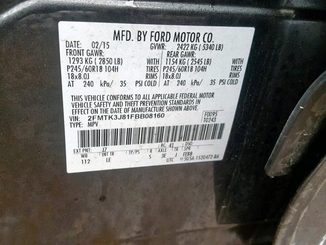 2FMTK3J81FBB08160 - 2015 FORD EDGE SEL CHARCOAL photo 10