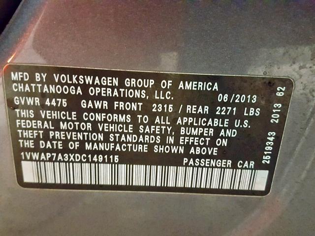 1VWAP7A3XDC149115 - 2013 VOLKSWAGEN PASSAT S GRAY photo 10