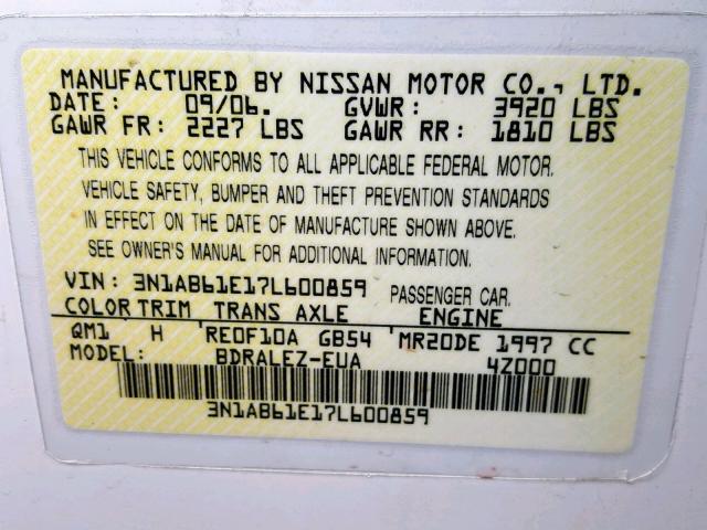 3N1AB61E17L600859 - 2007 NISSAN SENTRA 2.0 WHITE photo 10