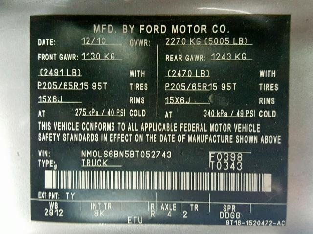 NM0LS6BN5BT052743 - 2011 FORD TRANSIT CO SILVER photo 10