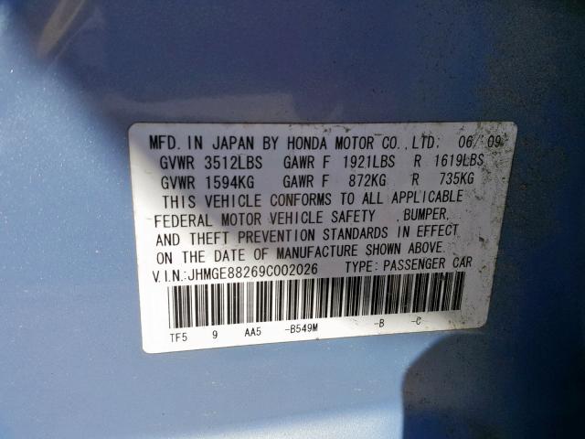 JHMGE88269C002026 - 2009 HONDA FIT BLUE photo 10