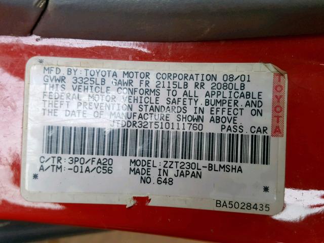 JTDDR32T510111760 - 2001 TOYOTA CELICA GT RED photo 10