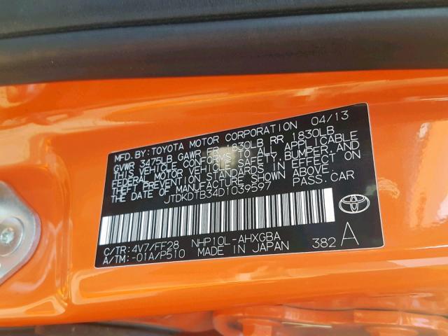 JTDKDTB34D1039597 - 2013 TOYOTA PRIUS C ORANGE photo 10