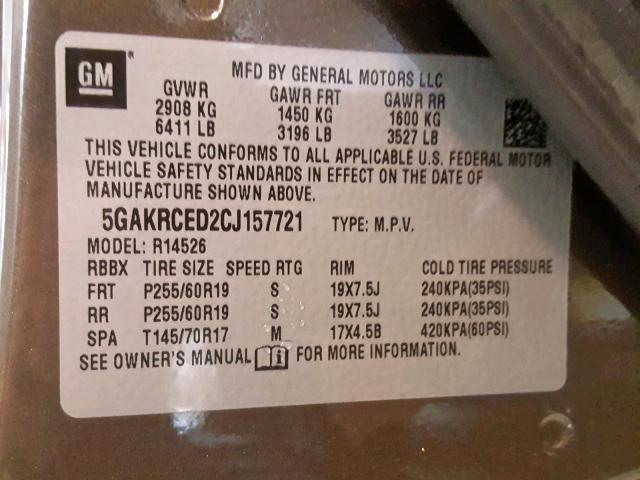 5GAKRCED2CJ157721 - 2012 BUICK ENCLAVE BROWN photo 10