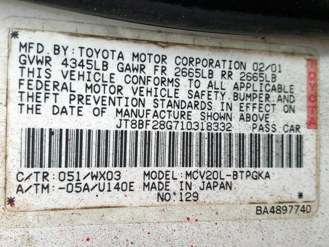 JT8BF28G710318332 - 2001 LEXUS ES 300 WHITE photo 10