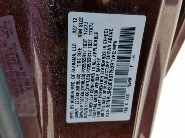 5FNRL5H29CB072659 - 2012 HONDA ODYSSEY LX MAROON photo 10