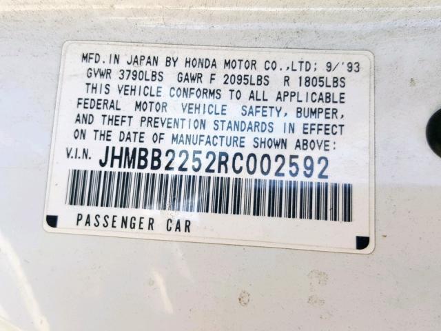 JHMBB2252RC002592 - 1994 HONDA PRELUDE SI WHITE photo 10