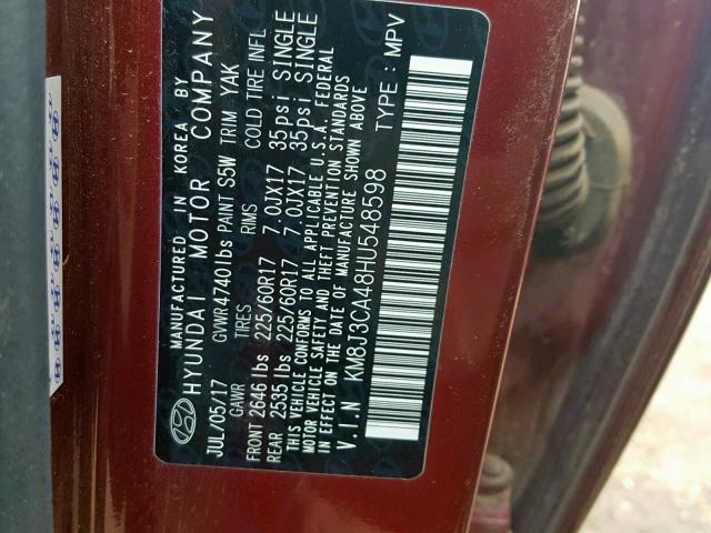 KM8J3CA48HU548598 - 2017 HYUNDAI TUCSON LIM MAROON photo 10