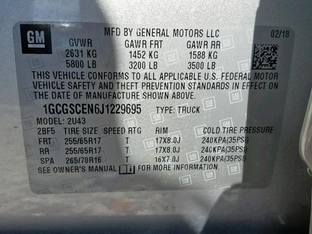 1GCGSCEN6J1229695 - 2018 CHEVROLET COLORADO L SILVER photo 10