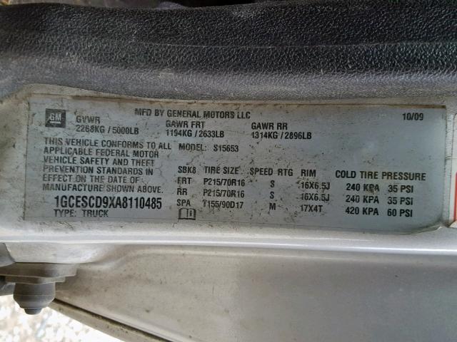 1GCESCD9XA8110485 - 2010 CHEVROLET COLORADO L SILVER photo 10