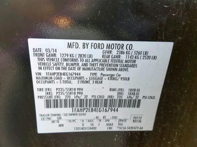 1FAHP2E84EG167944 - 2014 FORD TAURUS SEL BLACK photo 10