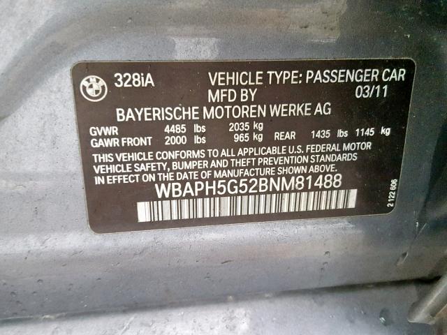 WBAPH5G52BNM81488 - 2011 BMW 328 I SULE GRAY photo 10