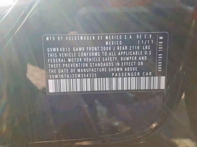 3VW1K7AJ2CM354325 - 2012 VOLKSWAGEN JETTA BASE BLACK photo 10