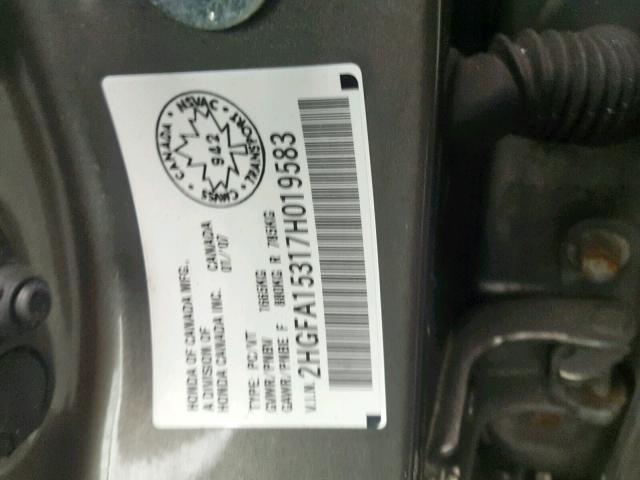 2HGFA15317H019583 - 2007 HONDA CIVIC DX GRAY photo 10