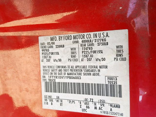 1FTYR10V1YPB06003 - 2000 FORD RANGER RED photo 10