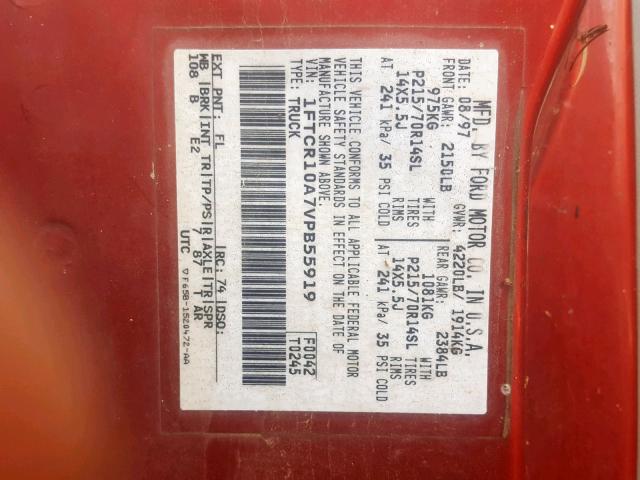 1FTCR10A7VPB55919 - 1997 FORD RANGER RED photo 10