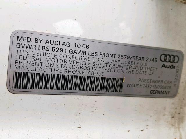 WAUDH74F27N060826 - 2007 AUDI A6 3.2 QUA WHITE photo 10