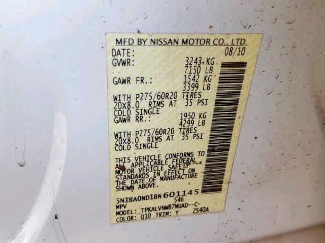 5N1BA0ND1BN601145 - 2011 NISSAN ARMADA SV WHITE photo 10