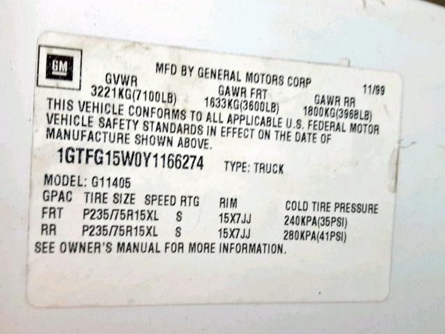 1GTFG15W0Y1166274 - 2000 GMC SAVANA G15 WHITE photo 10