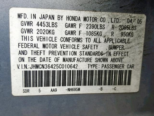 JHMCN36425C010642 - 2005 HONDA ACCORD HYB SILVER photo 10