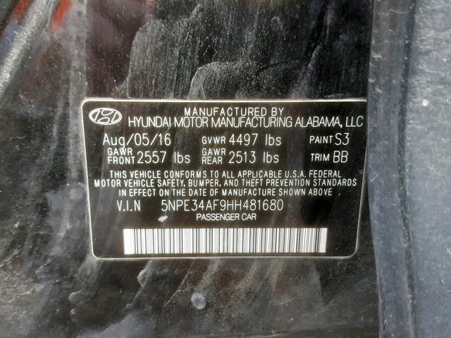 5NPE34AF9HH481680 - 2017 HYUNDAI SONATA SPO BLACK photo 10