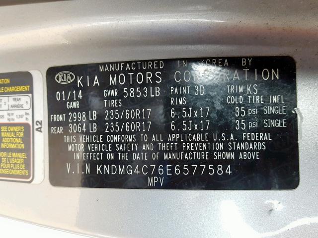 KNDMG4C76E6577584 - 2014 KIA SEDONA LX SILVER photo 10