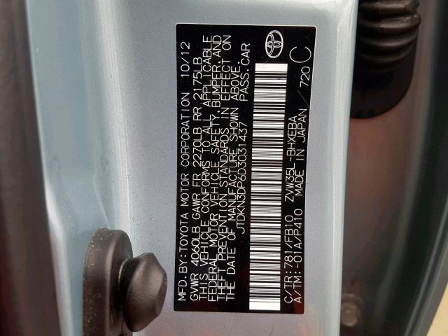 JTDKN3DP6D3031437 - 2013 TOYOTA PRIUS PLUG GREEN photo 10