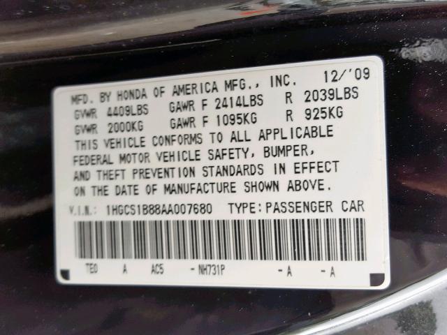 1HGCS1B88AA007680 - 2010 HONDA ACCORD EXL BLACK photo 10